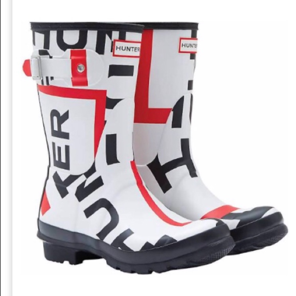 Hunter White Black and Red Logo Block Rain Boots